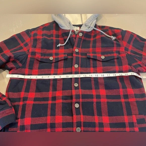 Duluth Trading Co Men Fire Hose Flannel Lined Hooded Limber Jac Red Blue Plaid M - Picture 7 of 9